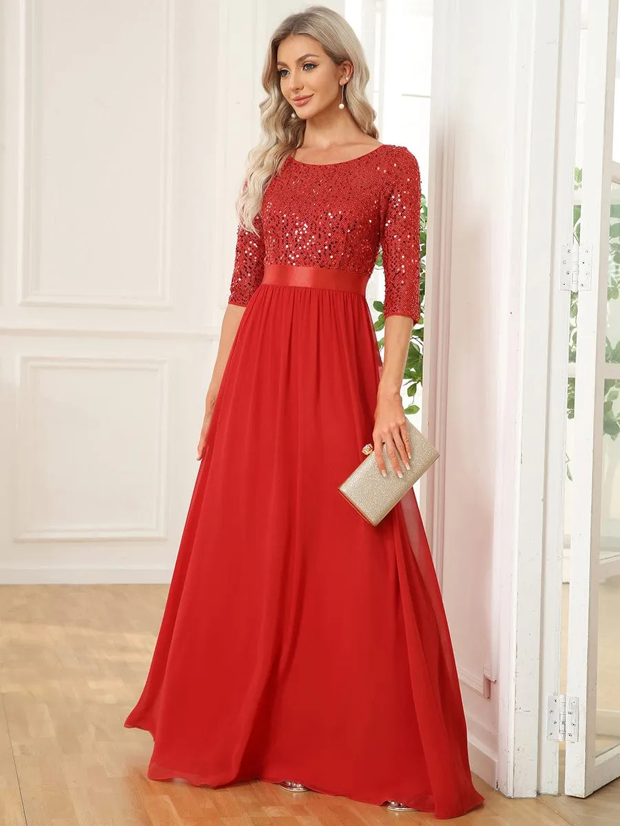 Edith | Elegant Round Neckline Long Sleeves Sequin Evening Dress