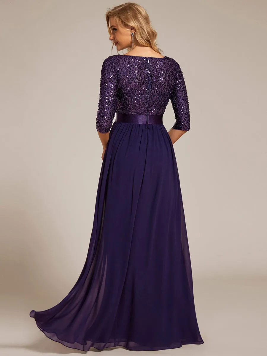 Edith | Elegant Round Neckline Long Sleeves Sequin Evening Dress