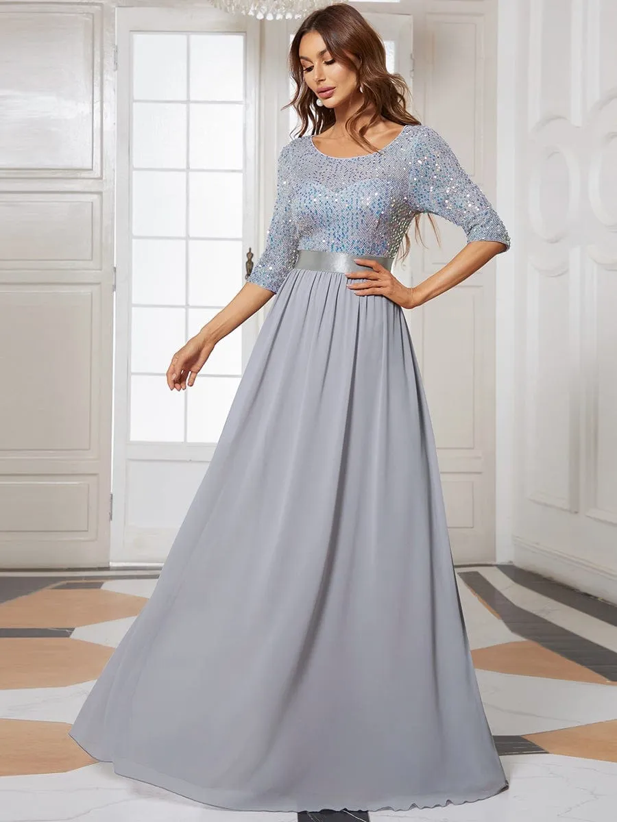 Edith | Elegant Round Neckline Long Sleeves Sequin Evening Dress