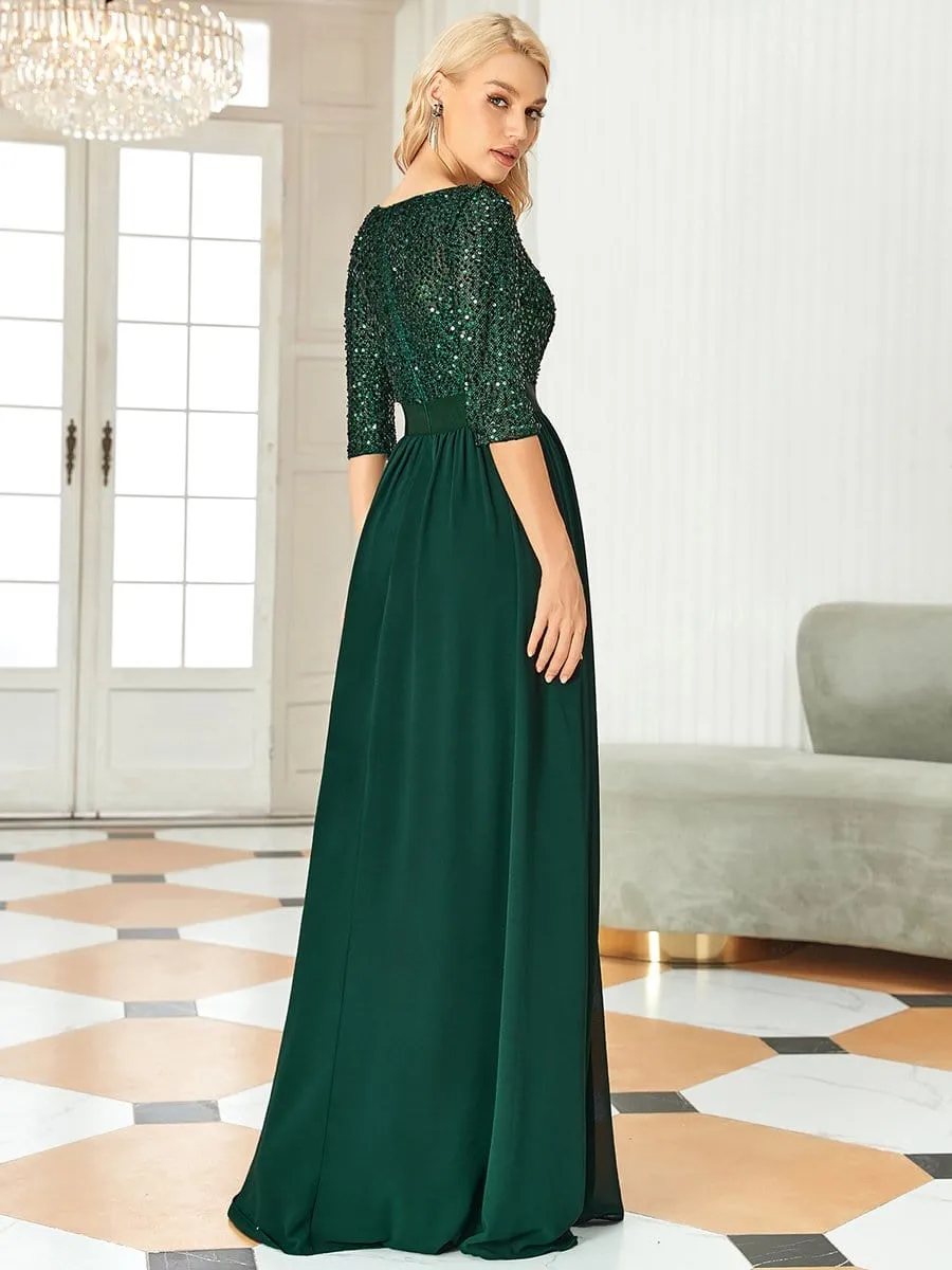 Edith | Elegant Round Neckline Long Sleeves Sequin Evening Dress