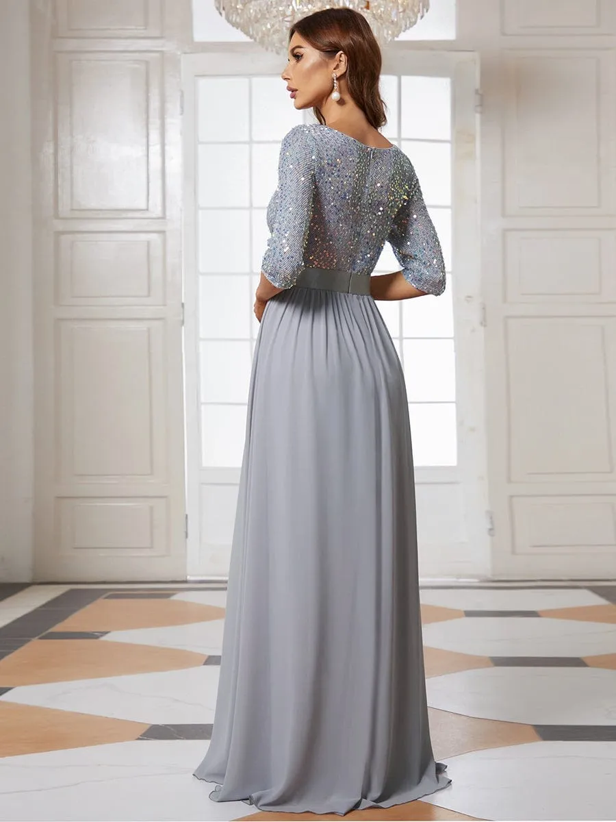 Edith | Elegant Round Neckline Long Sleeves Sequin Evening Dress