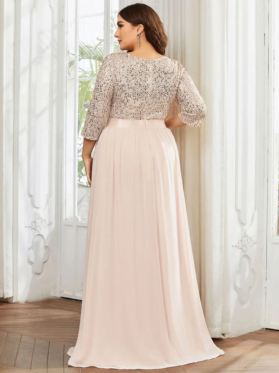 Edith | Elegant Round Neckline Long Sleeves Sequin Evening Dress