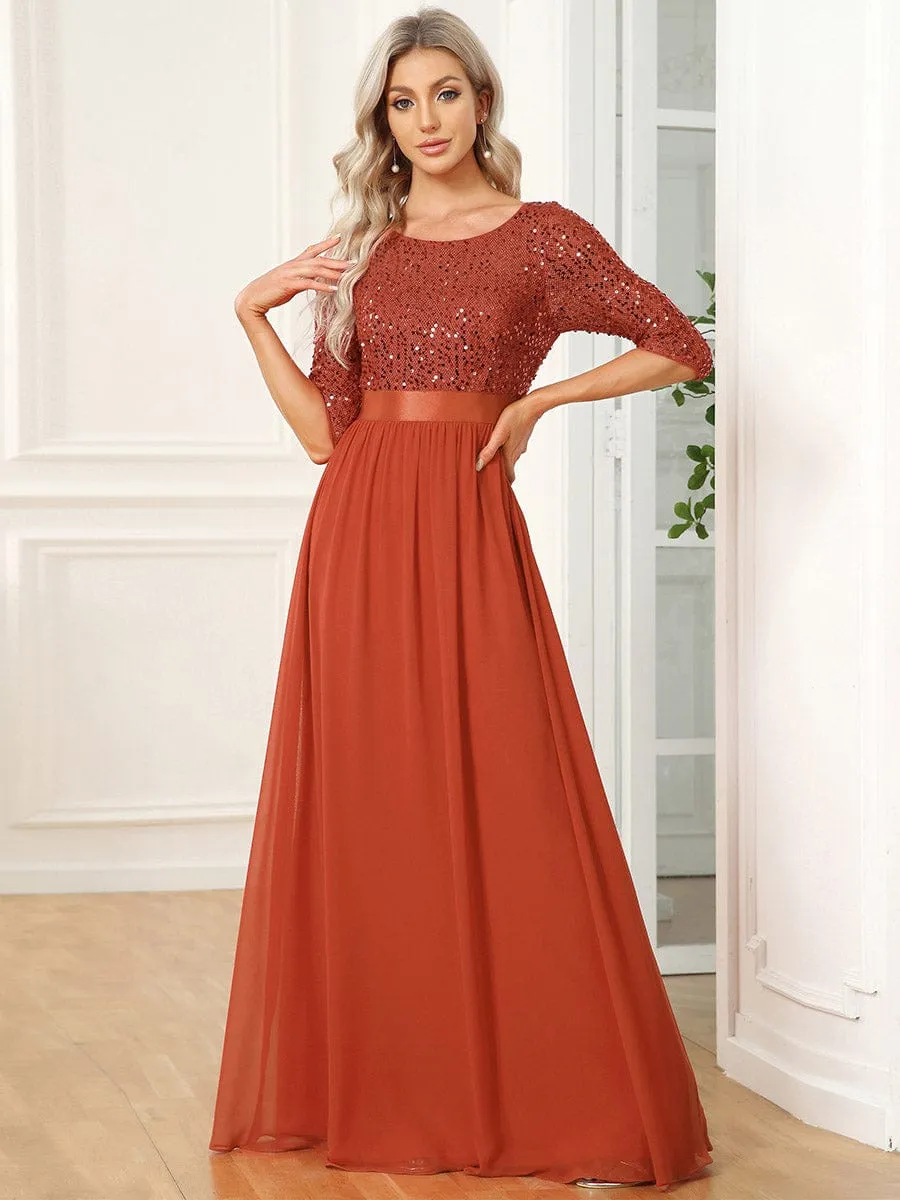 Edith | Elegant Round Neckline Long Sleeves Sequin Evening Dress