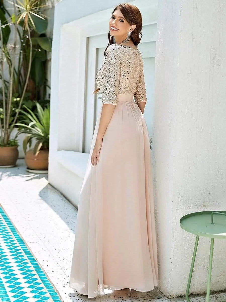 Edith | Elegant Round Neckline Long Sleeves Sequin Evening Dress