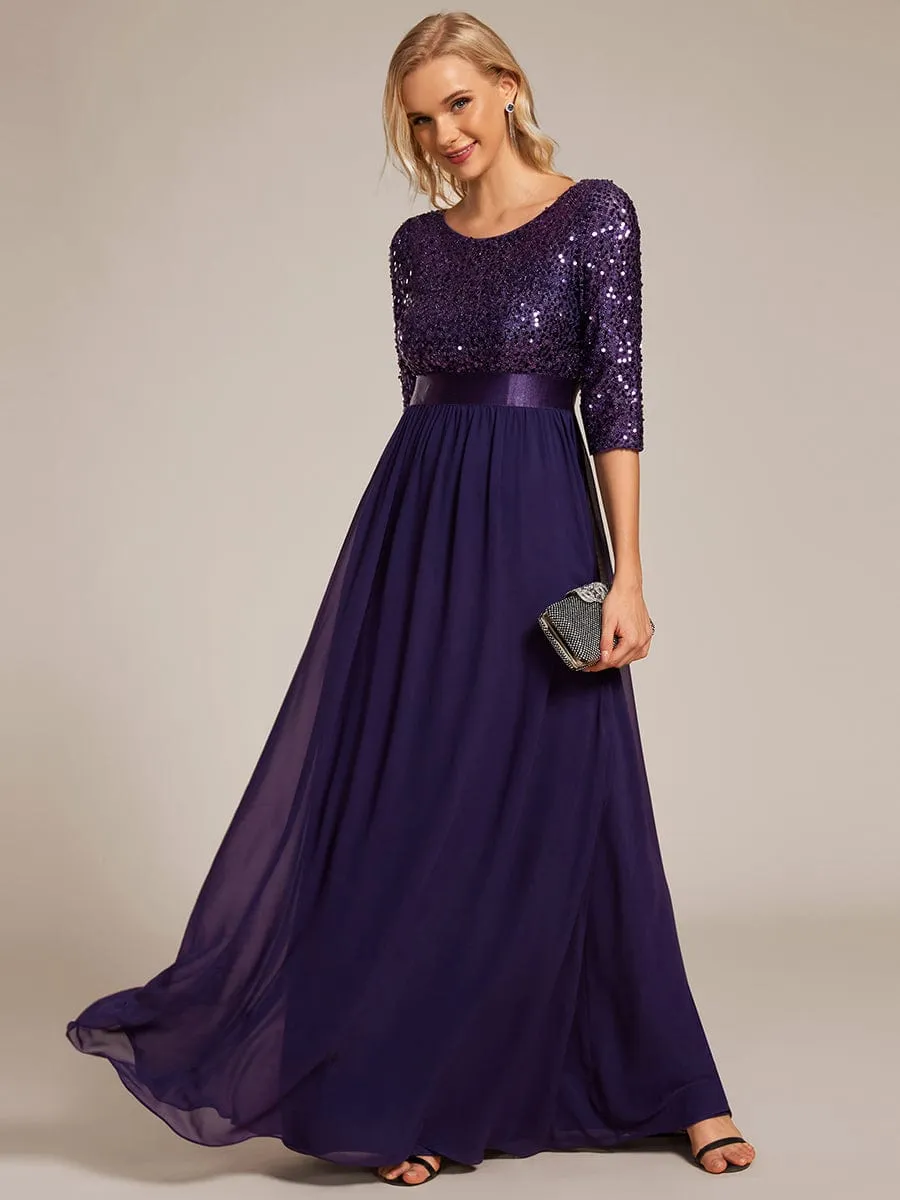 Edith | Elegant Round Neckline Long Sleeves Sequin Evening Dress