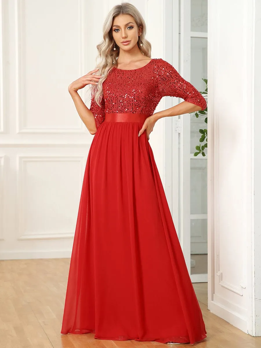 Edith | Elegant Round Neckline Long Sleeves Sequin Evening Dress