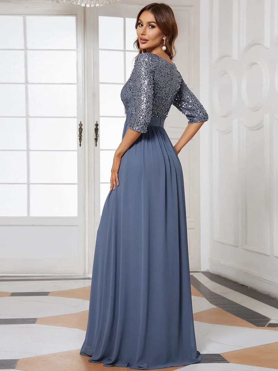 Edith | Elegant Round Neckline Long Sleeves Sequin Evening Dress