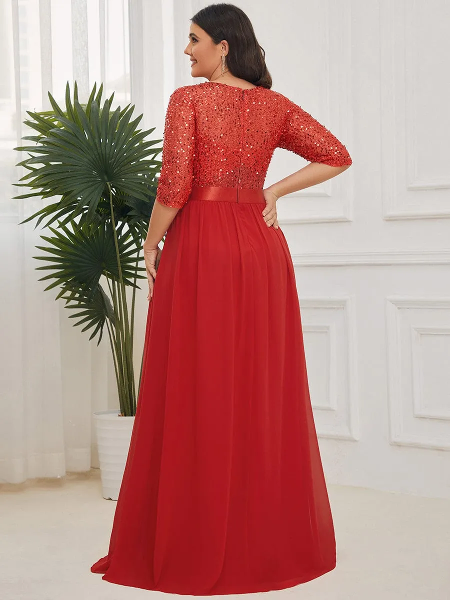 Edith | Elegant Round Neckline Long Sleeves Sequin Evening Dress