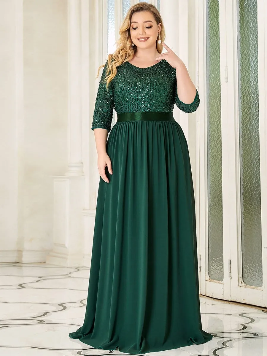 Edith | Elegant Round Neckline Long Sleeves Sequin Evening Dress