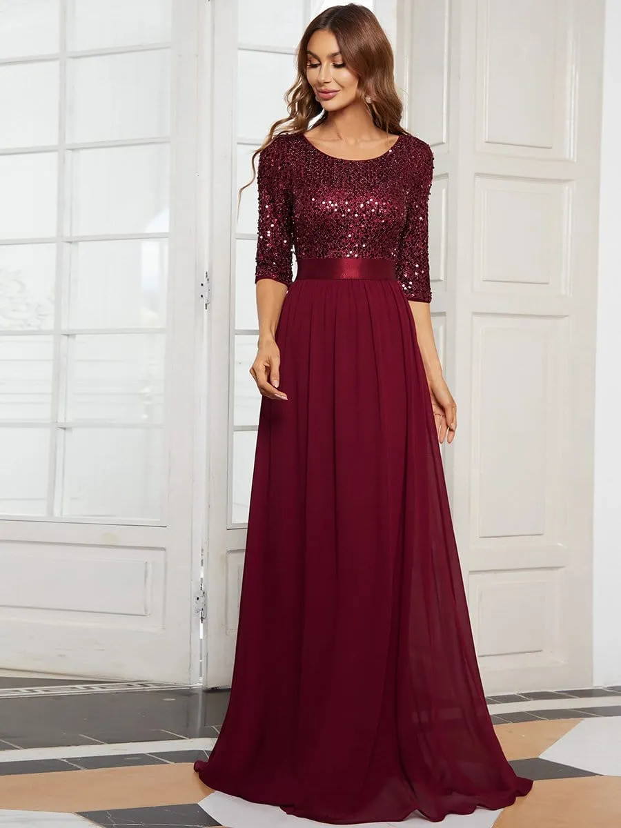 Edith | Elegant Round Neckline Long Sleeves Sequin Evening Dress