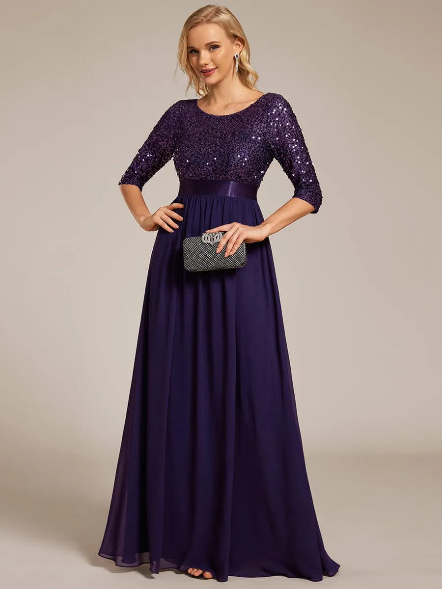 Edith | Elegant Round Neckline Long Sleeves Sequin Evening Dress