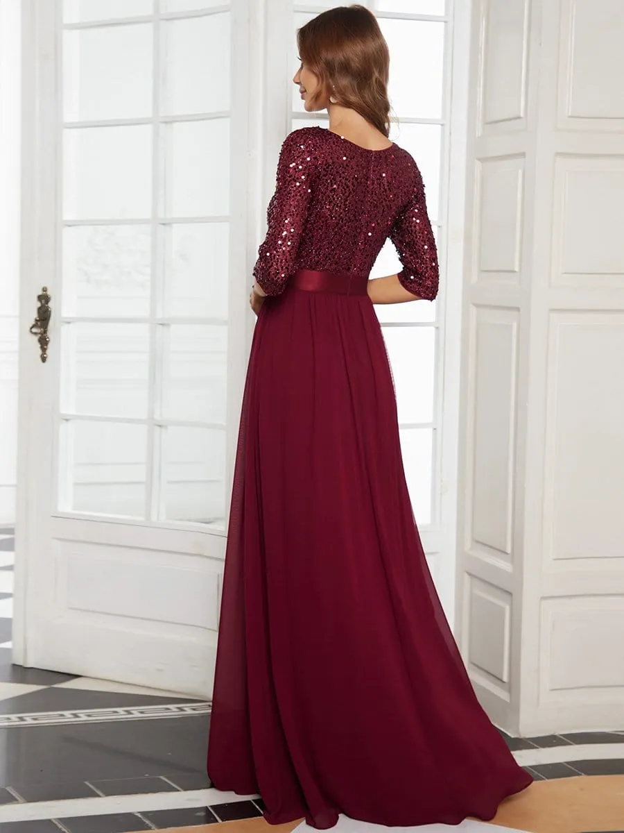 Edith | Elegant Round Neckline Long Sleeves Sequin Evening Dress