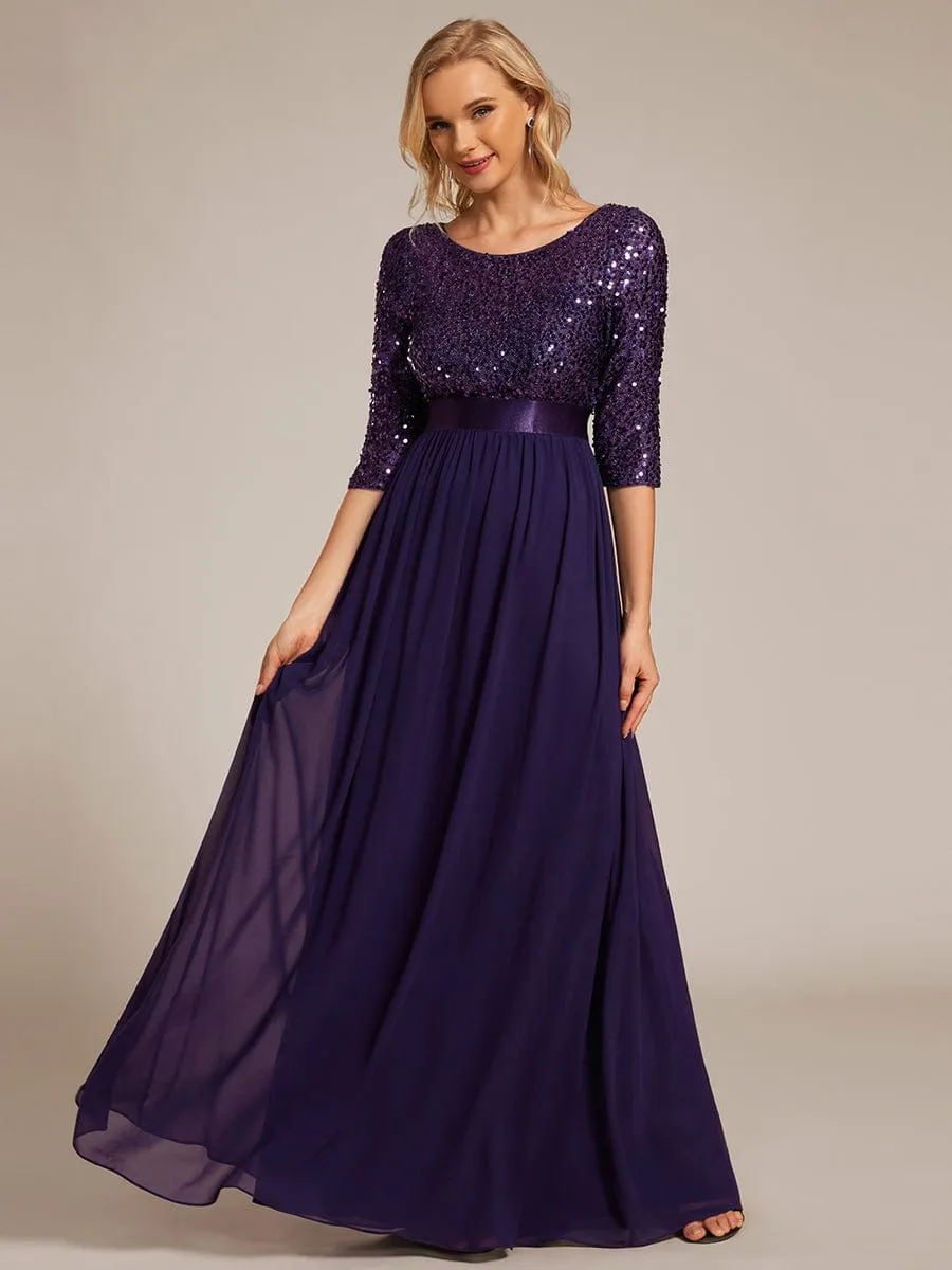 Edith | Elegant Round Neckline Long Sleeves Sequin Evening Dress