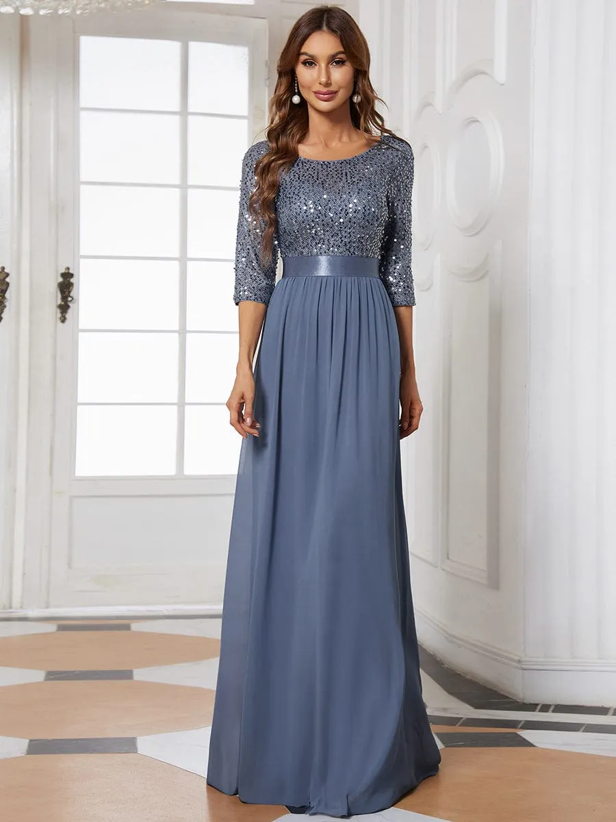 Edith | Elegant Round Neckline Long Sleeves Sequin Evening Dress