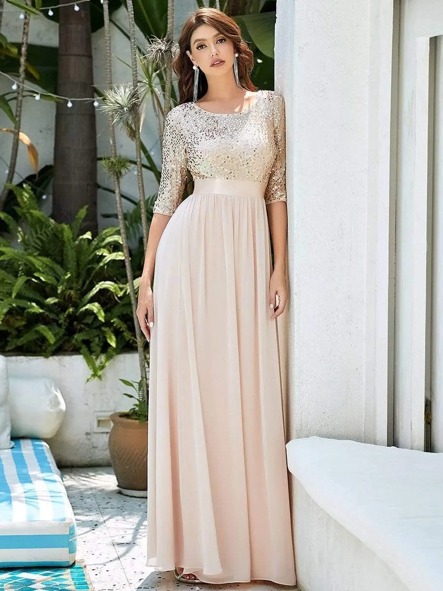 Edith | Elegant Round Neckline Long Sleeves Sequin Evening Dress