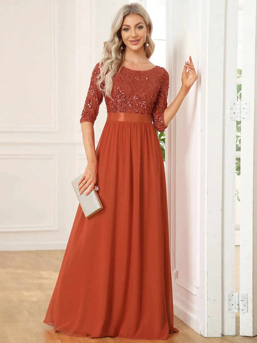 Edith | Elegant Round Neckline Long Sleeves Sequin Evening Dress