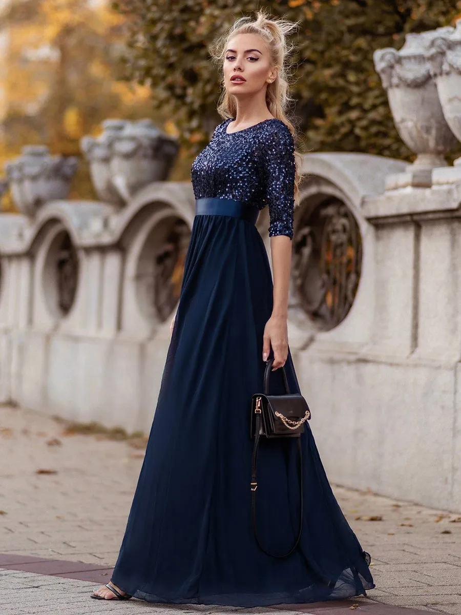 Edith | Elegant Round Neckline Long Sleeves Sequin Evening Dress