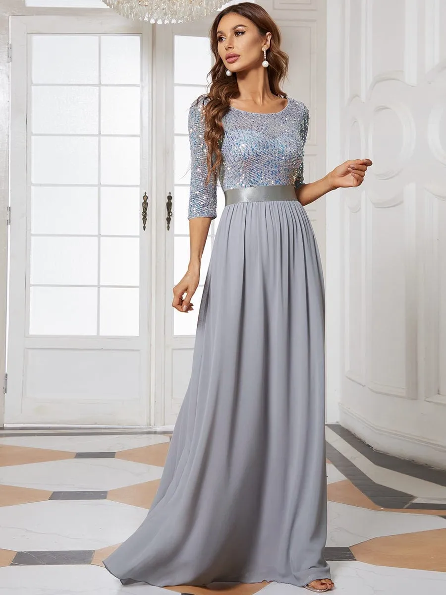 Edith | Elegant Round Neckline Long Sleeves Sequin Evening Dress