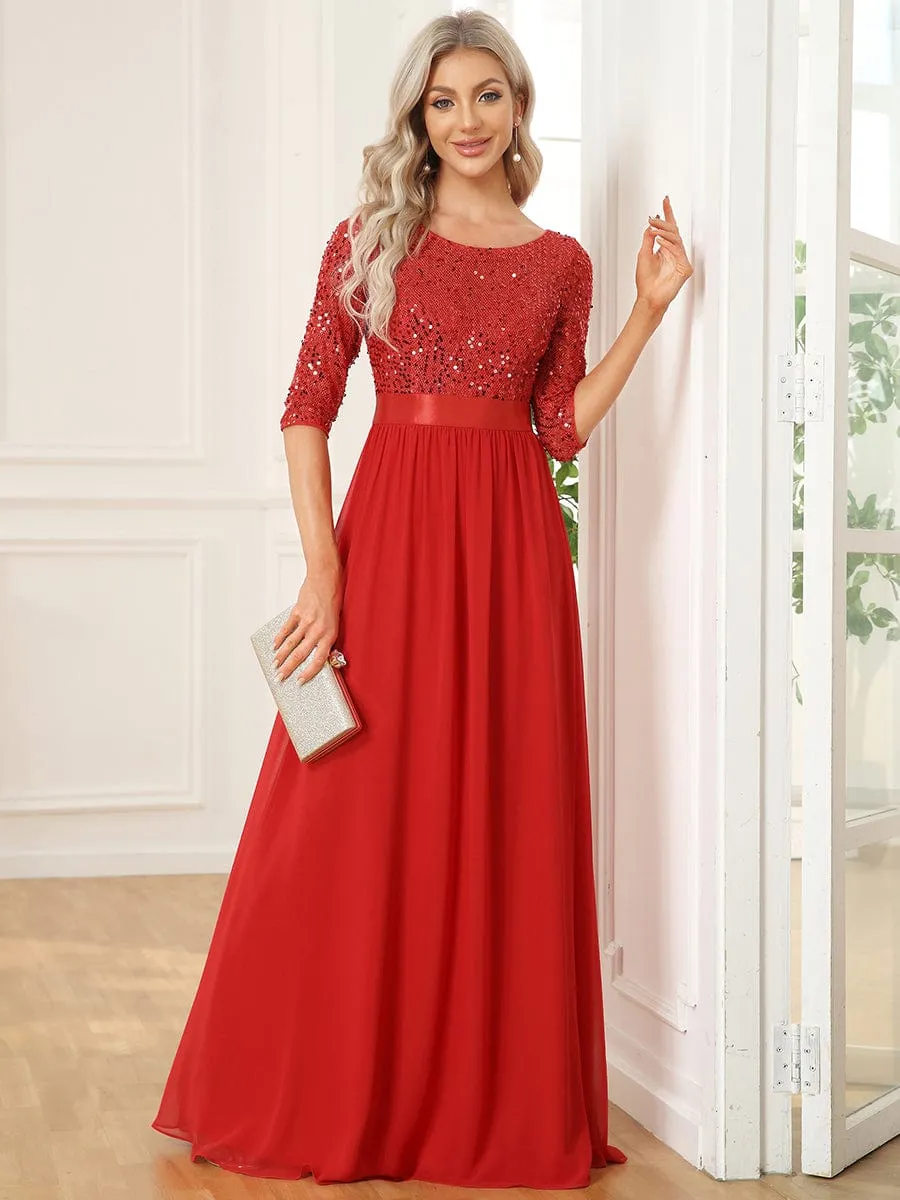 Edith | Elegant Round Neckline Long Sleeves Sequin Evening Dress