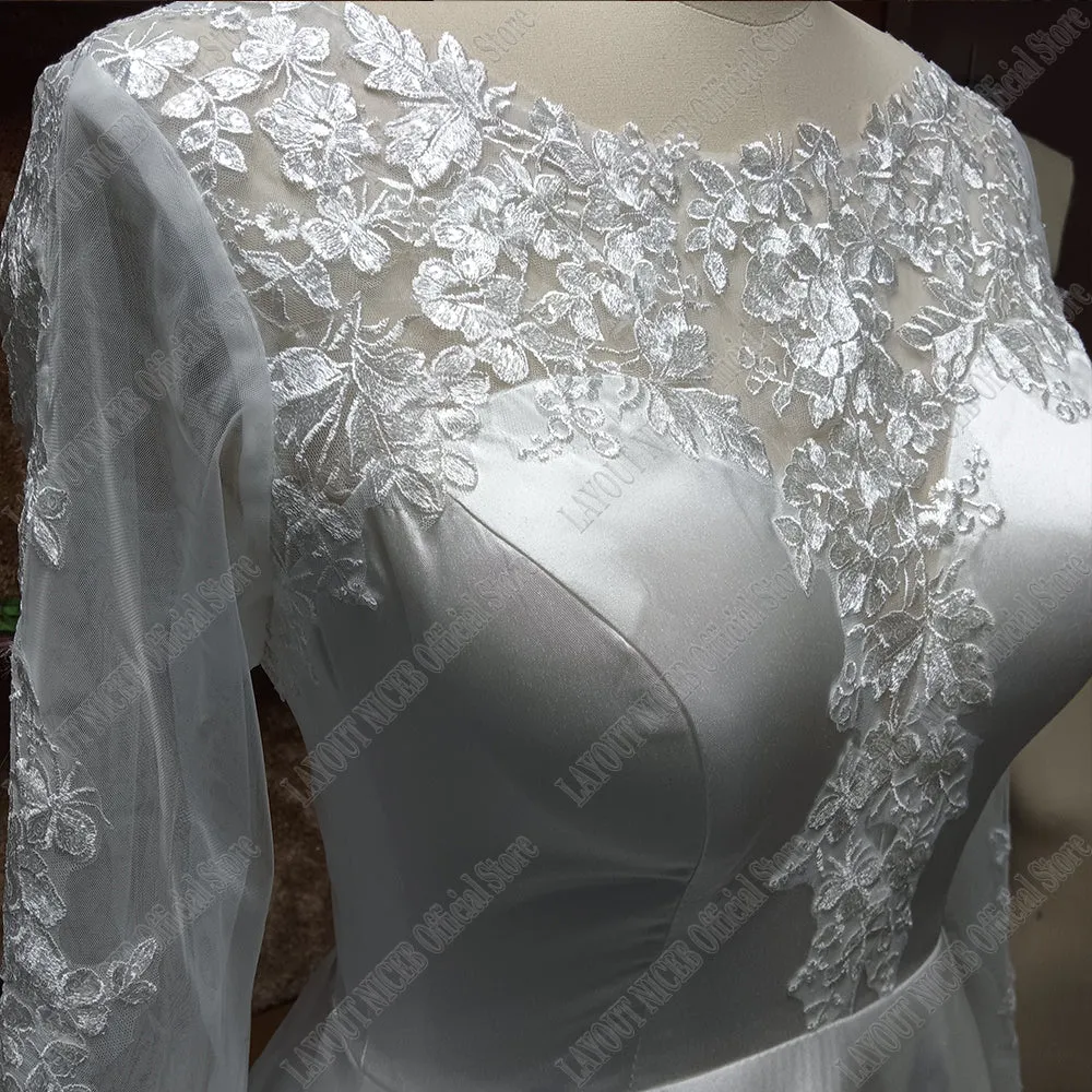 Elegant Satin/Lace Full A Line Long Sleeved Wedding Gown All Sizes/Colors