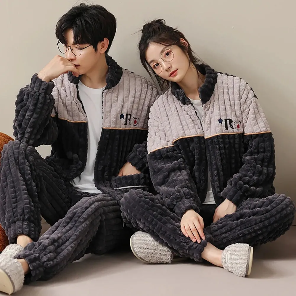 Embroidered Details Two Tone Quilted Couple Pajama Set