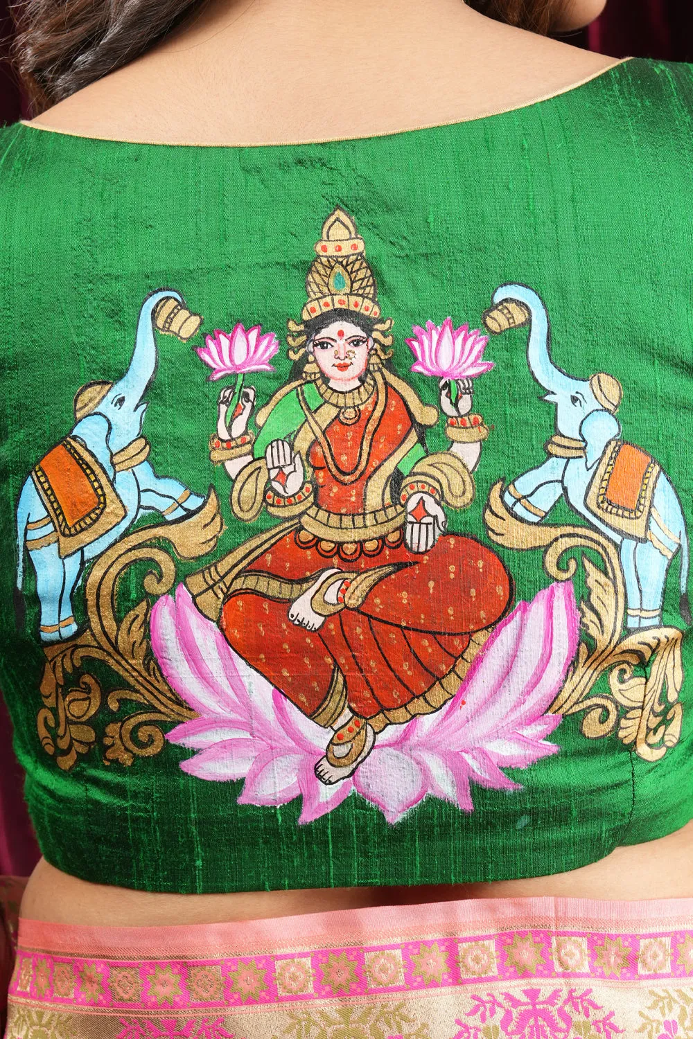 Exquisite Lakshmi Handpainted Blouse on Green Pure Raw Silk with Puff Sleeves and Crystal detailing