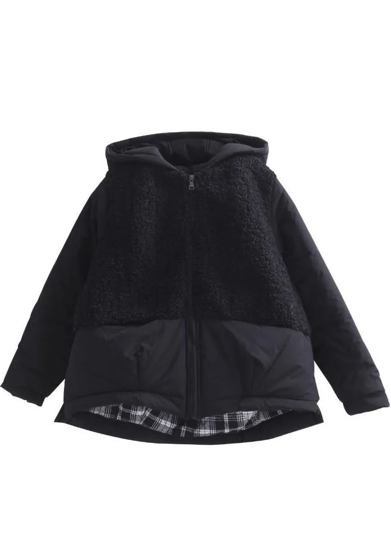 Fashion Black hooded Patchwork Zippered Long Sleeve Winter Coat