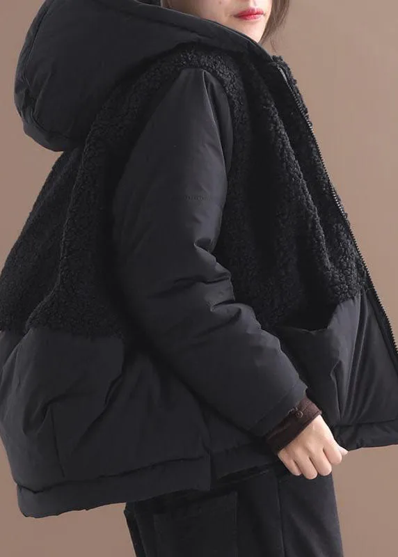 Fashion Black hooded Patchwork Zippered Long Sleeve Winter Coat