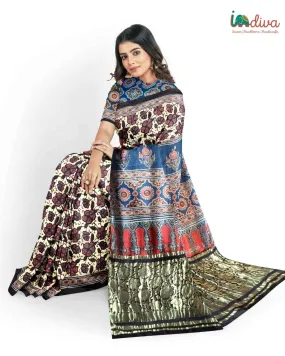 Floral Block Printed Modal Silk Red & Blue Ajrakh Saree