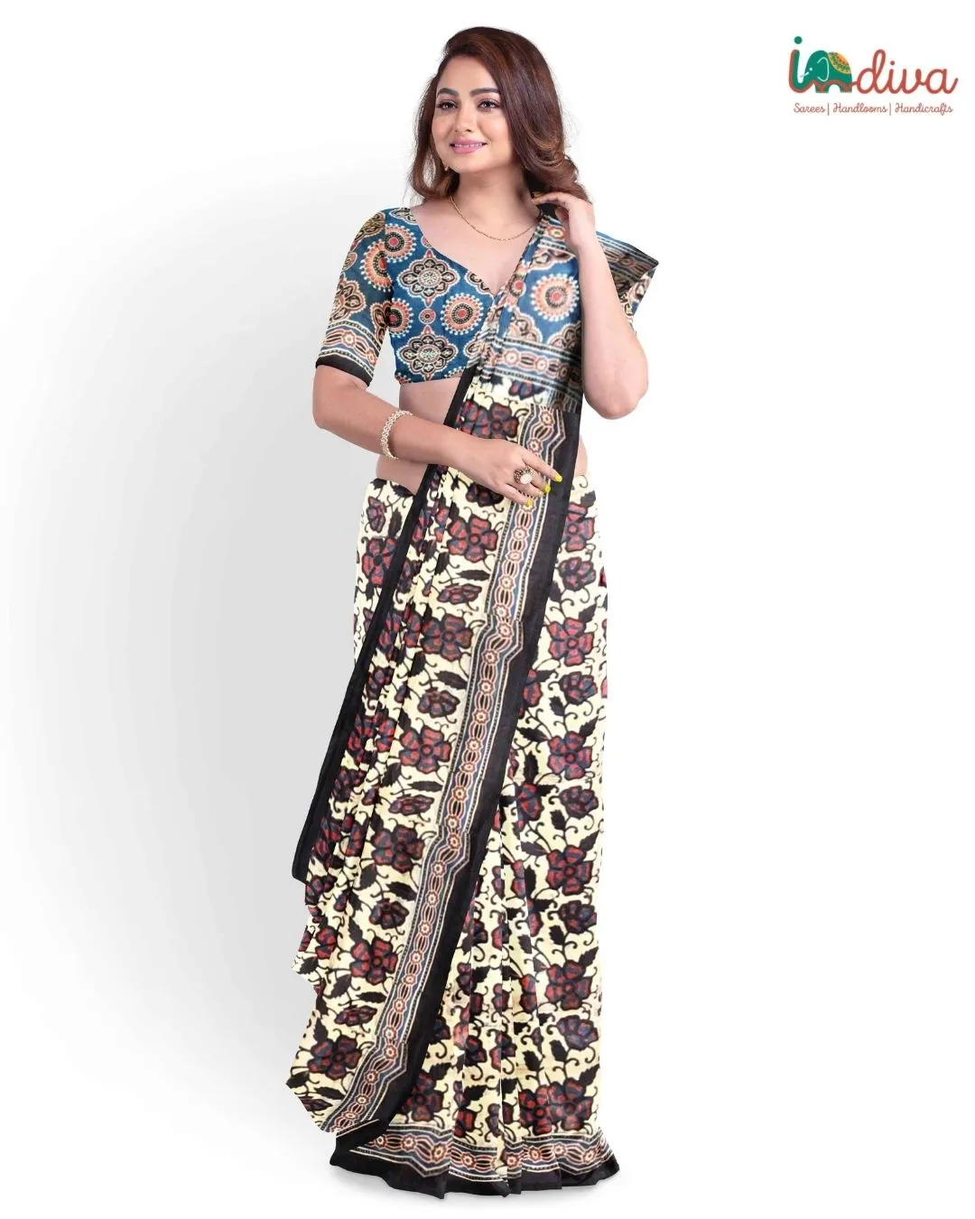 Floral Block Printed Modal Silk Red & Blue Ajrakh Saree