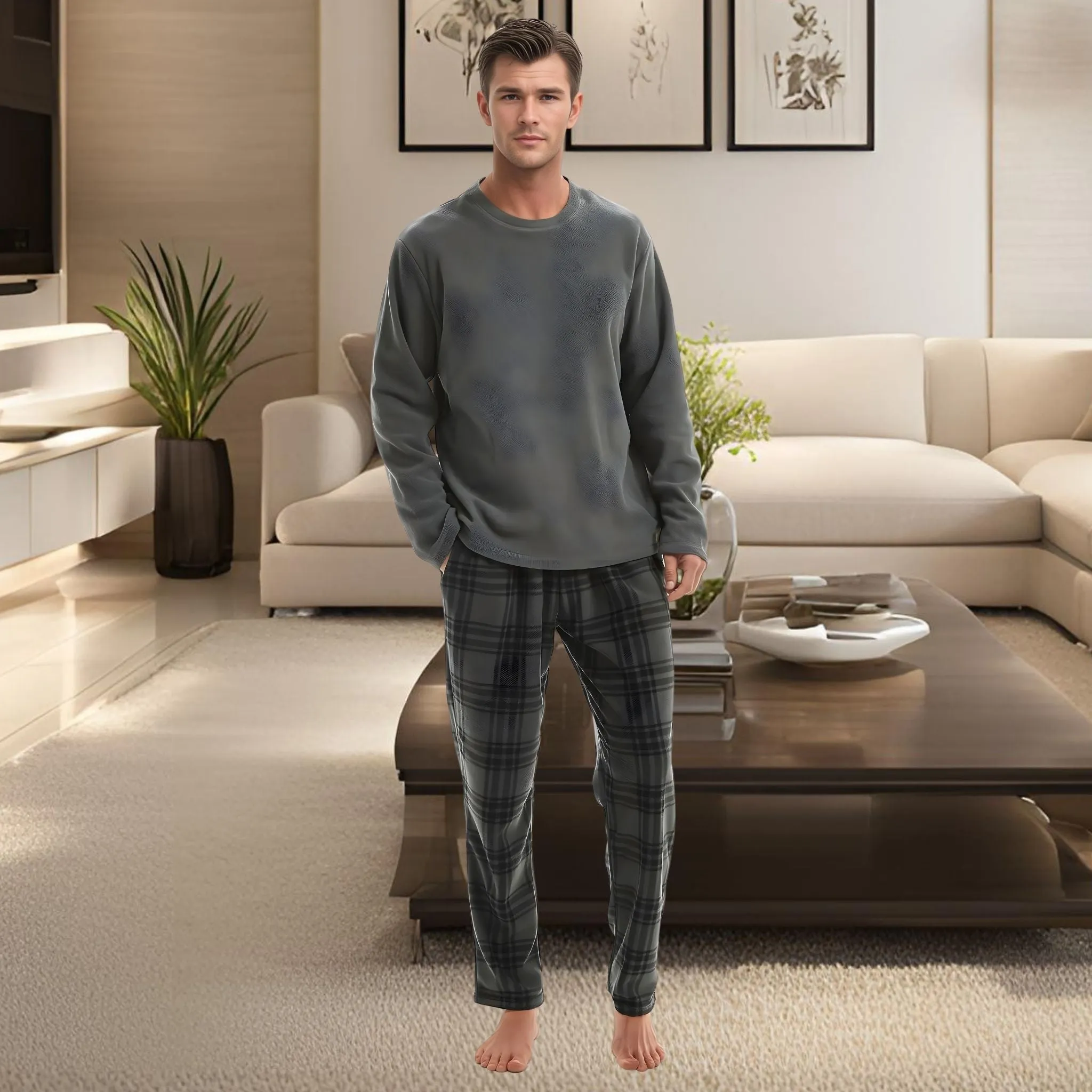 Fluffy Mens Pjs Fleece Pajama set, Mens Thermal Pyjamas in Grey Check.