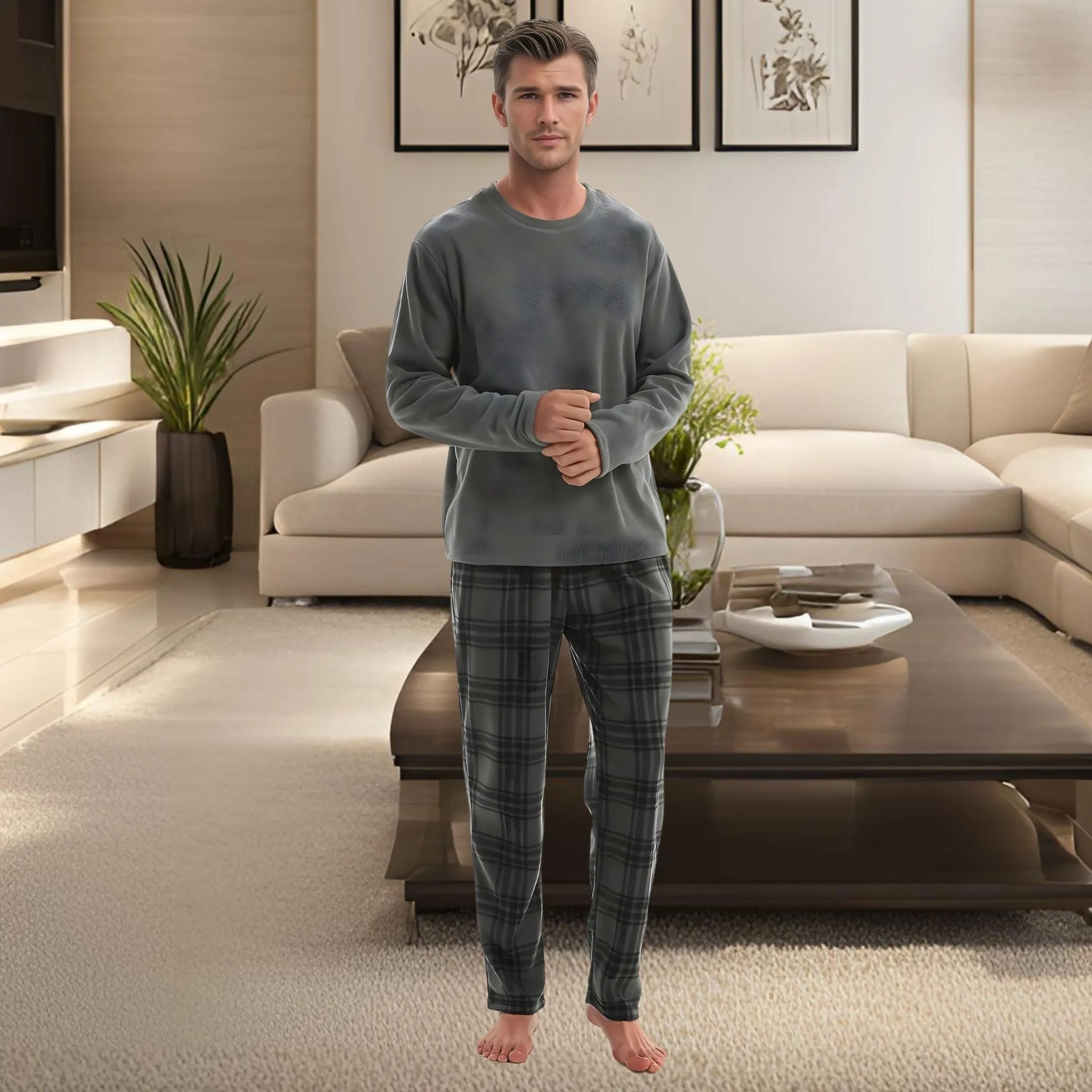 Fluffy Mens Pjs Fleece Pajama set, Mens Thermal Pyjamas in Grey Check.