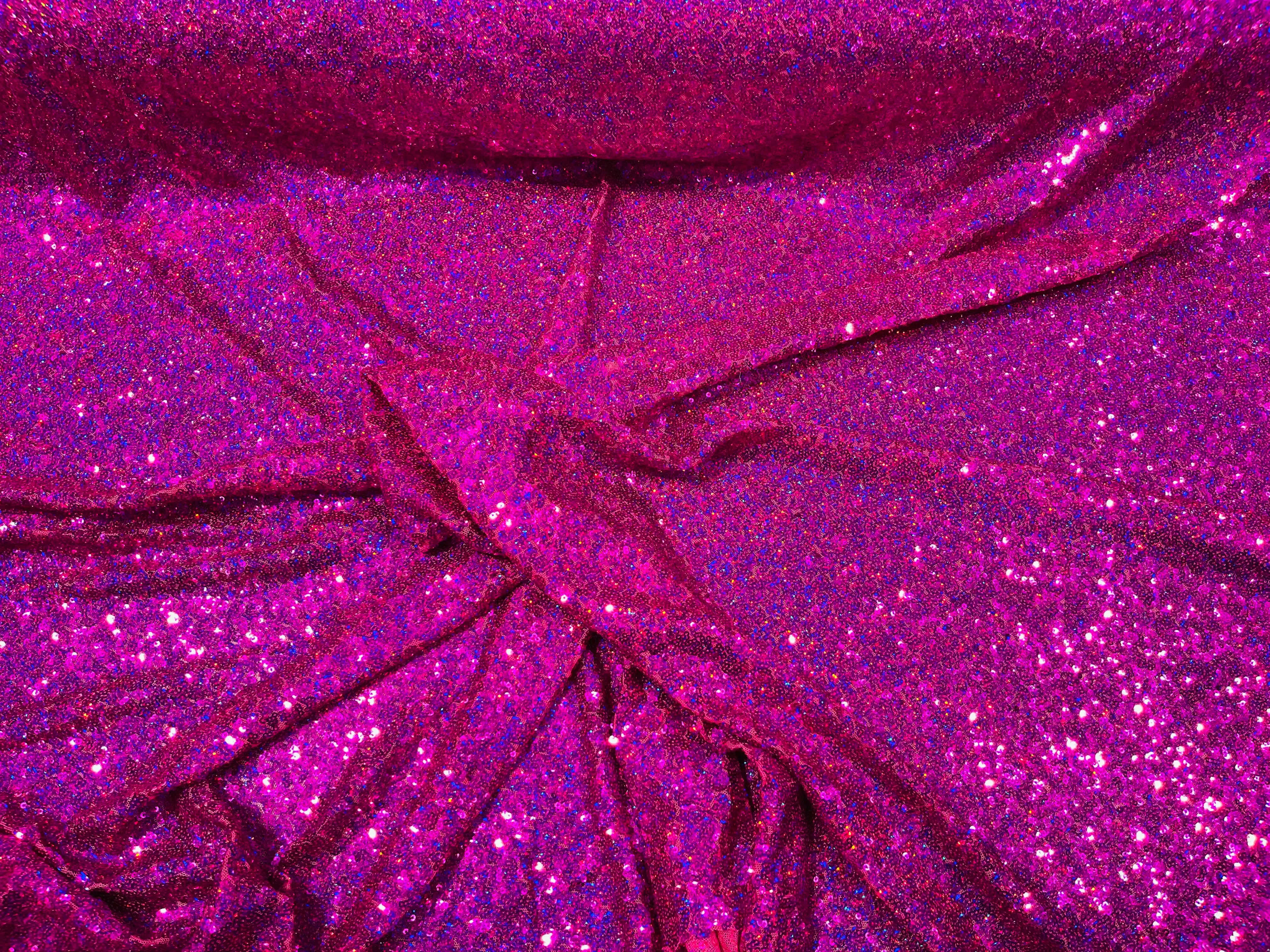 Fuchsia Iridescent Mini Glitz Sequins on a 4 Way Stretch Mesh-Sold By The Yard.