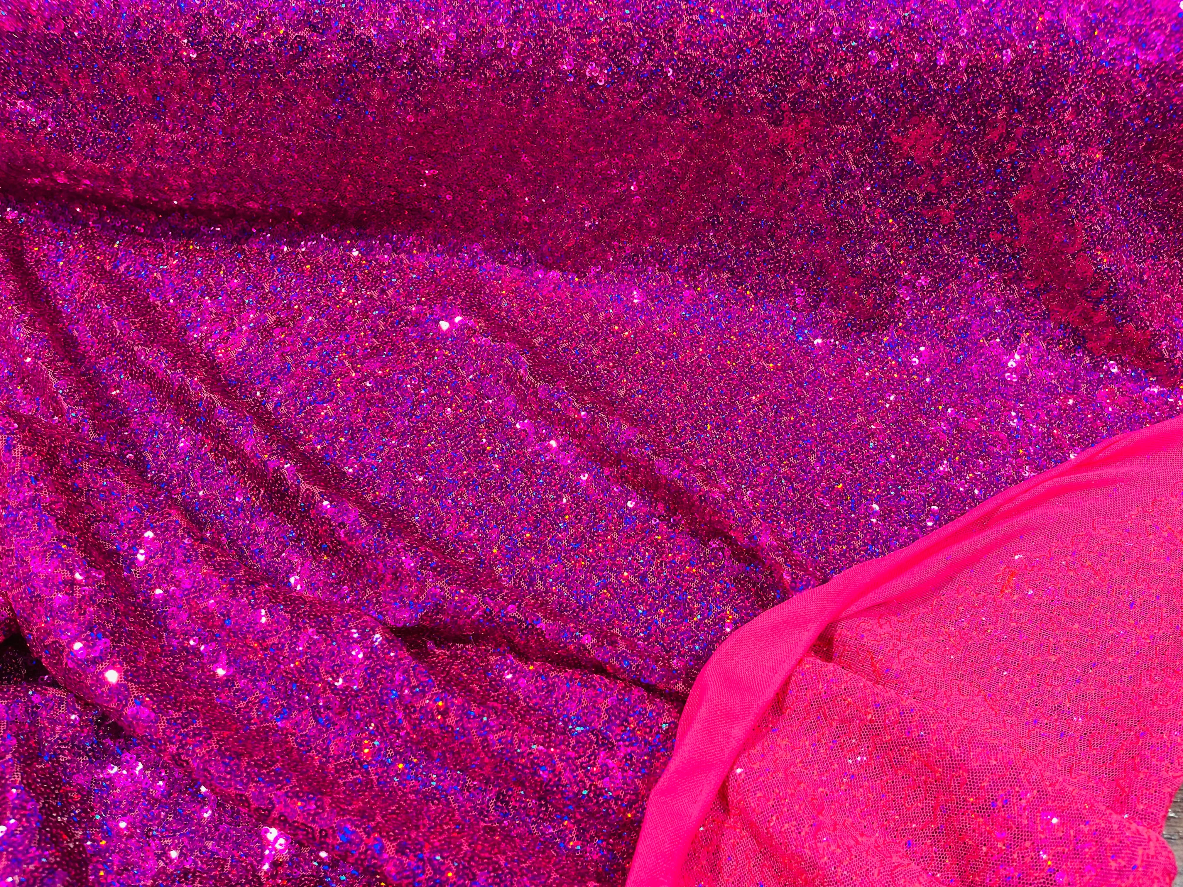 Fuchsia Iridescent Mini Glitz Sequins on a 4 Way Stretch Mesh-Sold By The Yard.