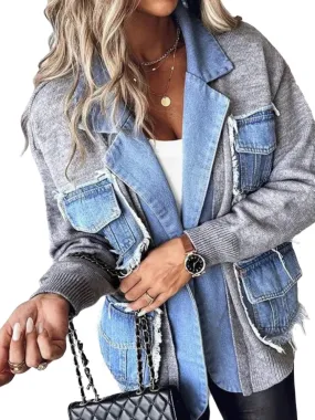 Gray and mid blue denim patchwork details jacket