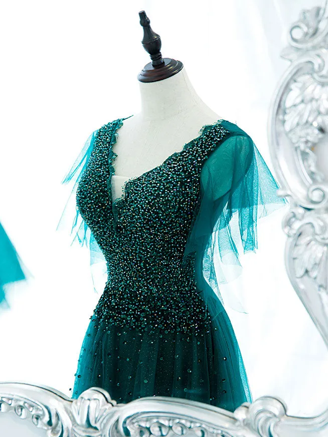 Green V Neck Sequin Beads Long Prom Dress, Green Formal Bridesmaid Dresses