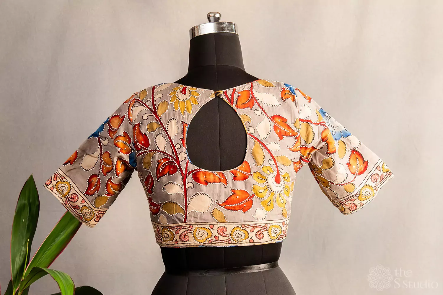 Grey hand painted pen kalamkari silk blouse with kantha embroidery