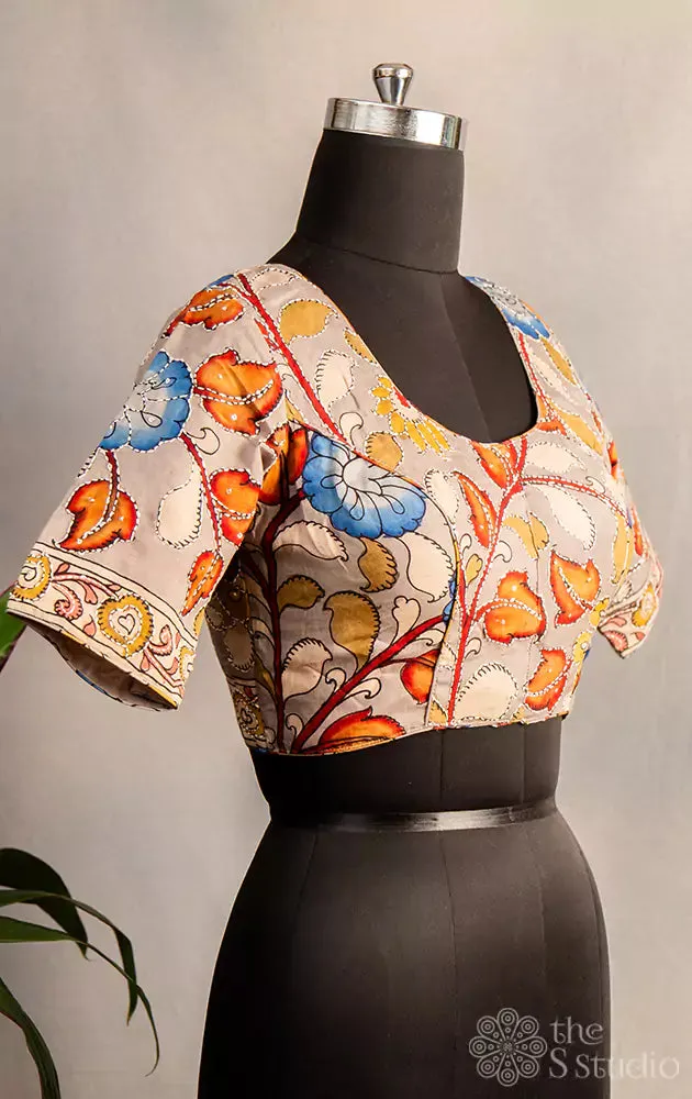 Grey hand painted pen kalamkari silk blouse with kantha embroidery