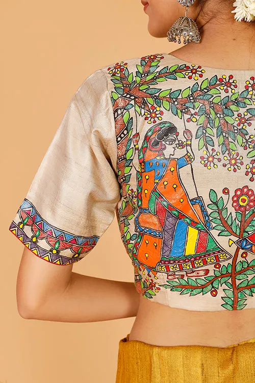 Gubbaro Handpainted Madhubani 'Divine Radha Krishna' Tussar Silk Blouse