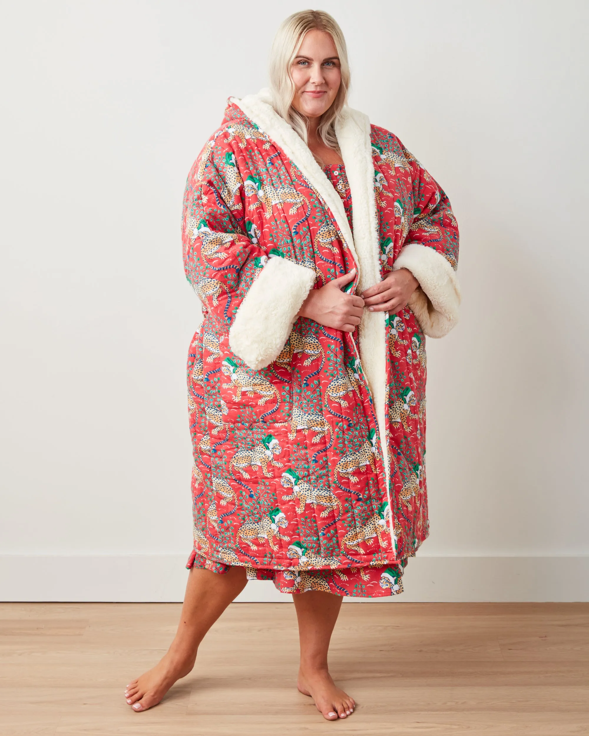 Holly Jolly Bagheera - Flannel Quilted Hooded Sherpa Robe - Ruby