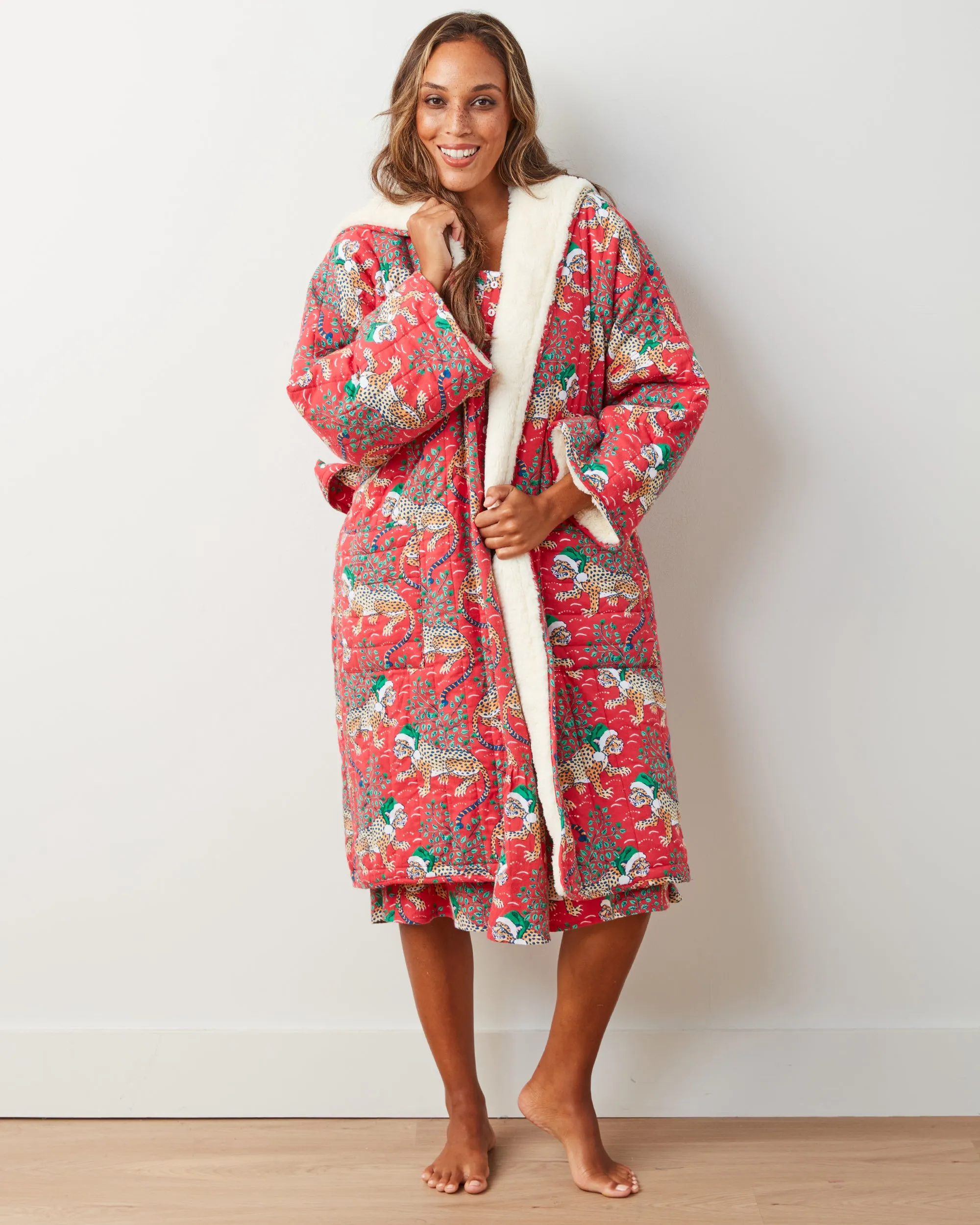 Holly Jolly Bagheera - Flannel Quilted Hooded Sherpa Robe - Ruby