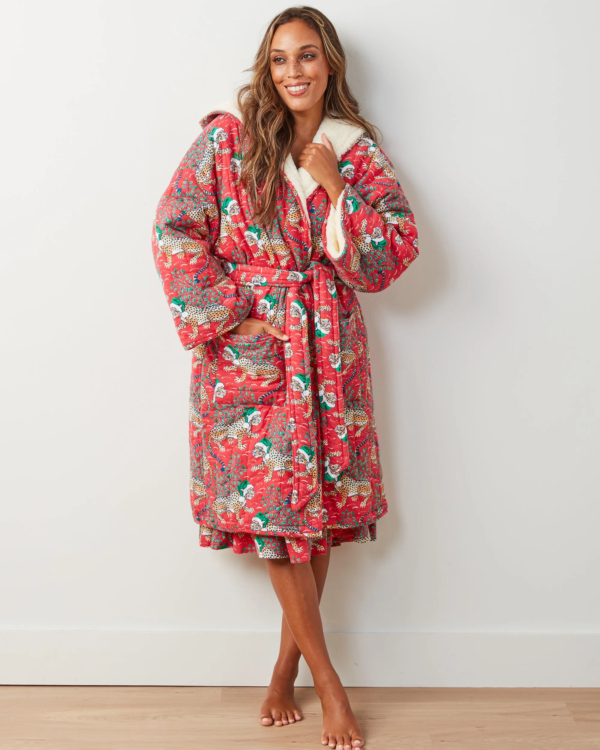 Holly Jolly Bagheera - Flannel Quilted Hooded Sherpa Robe - Ruby