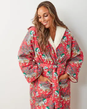 Holly Jolly Bagheera - Flannel Quilted Hooded Sherpa Robe - Ruby