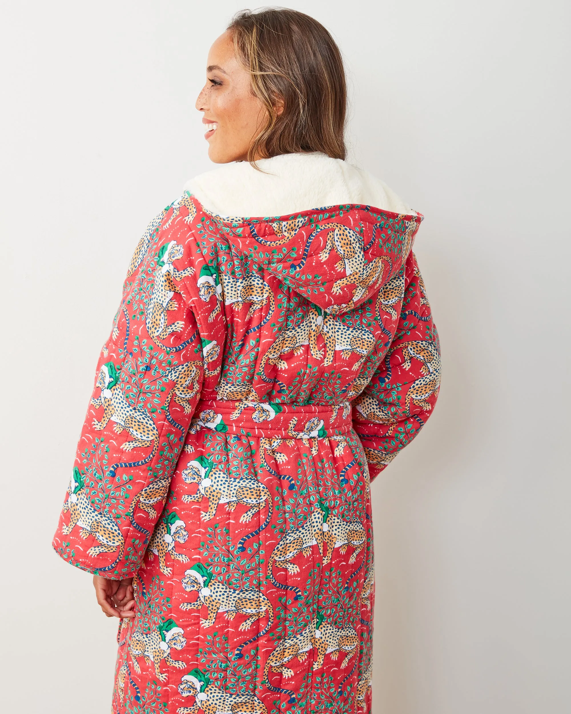 Holly Jolly Bagheera - Flannel Quilted Hooded Sherpa Robe - Ruby