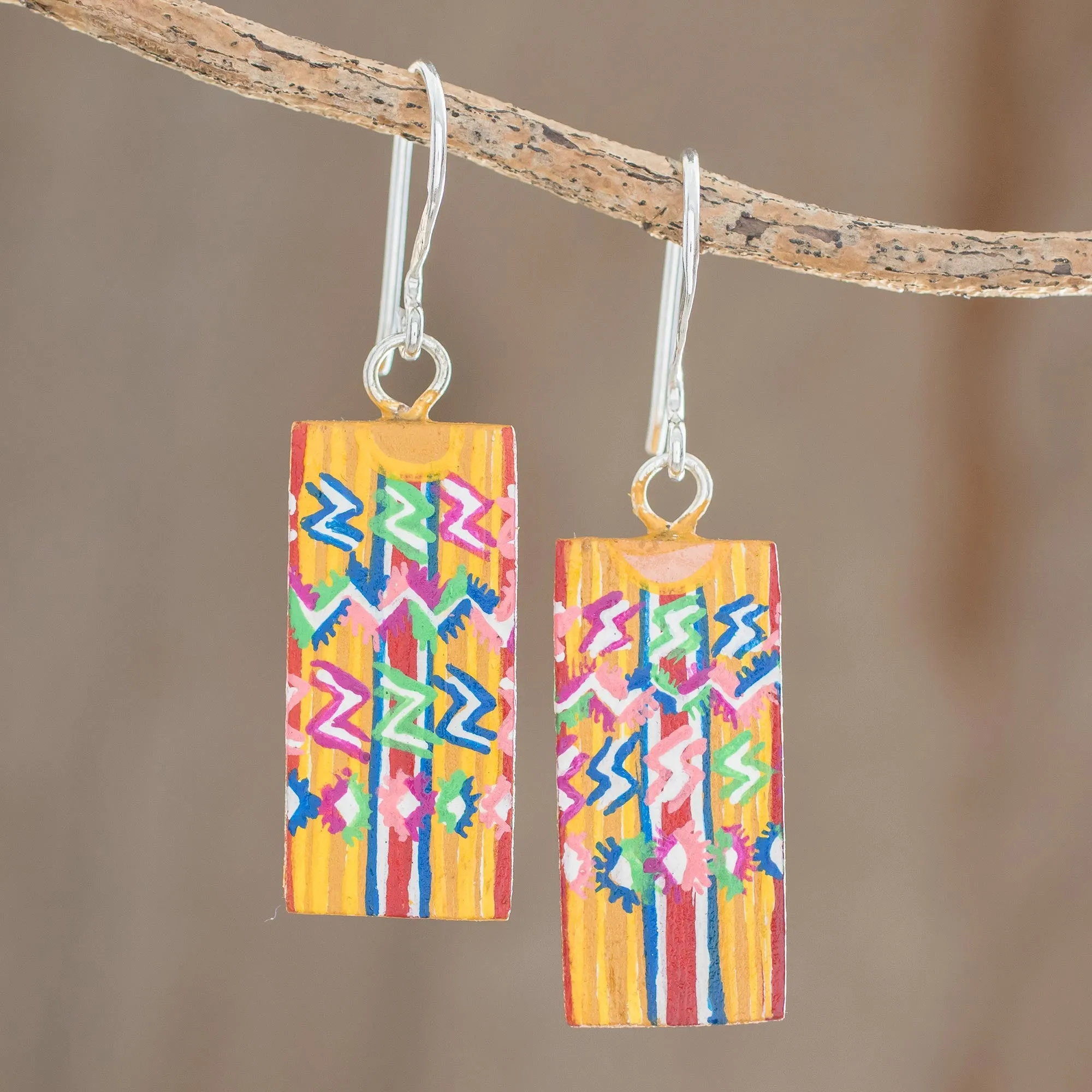 Huipil-Inspired Wood Dangle Earrings from Guatemala - Tecpan Marvels | NOVICA