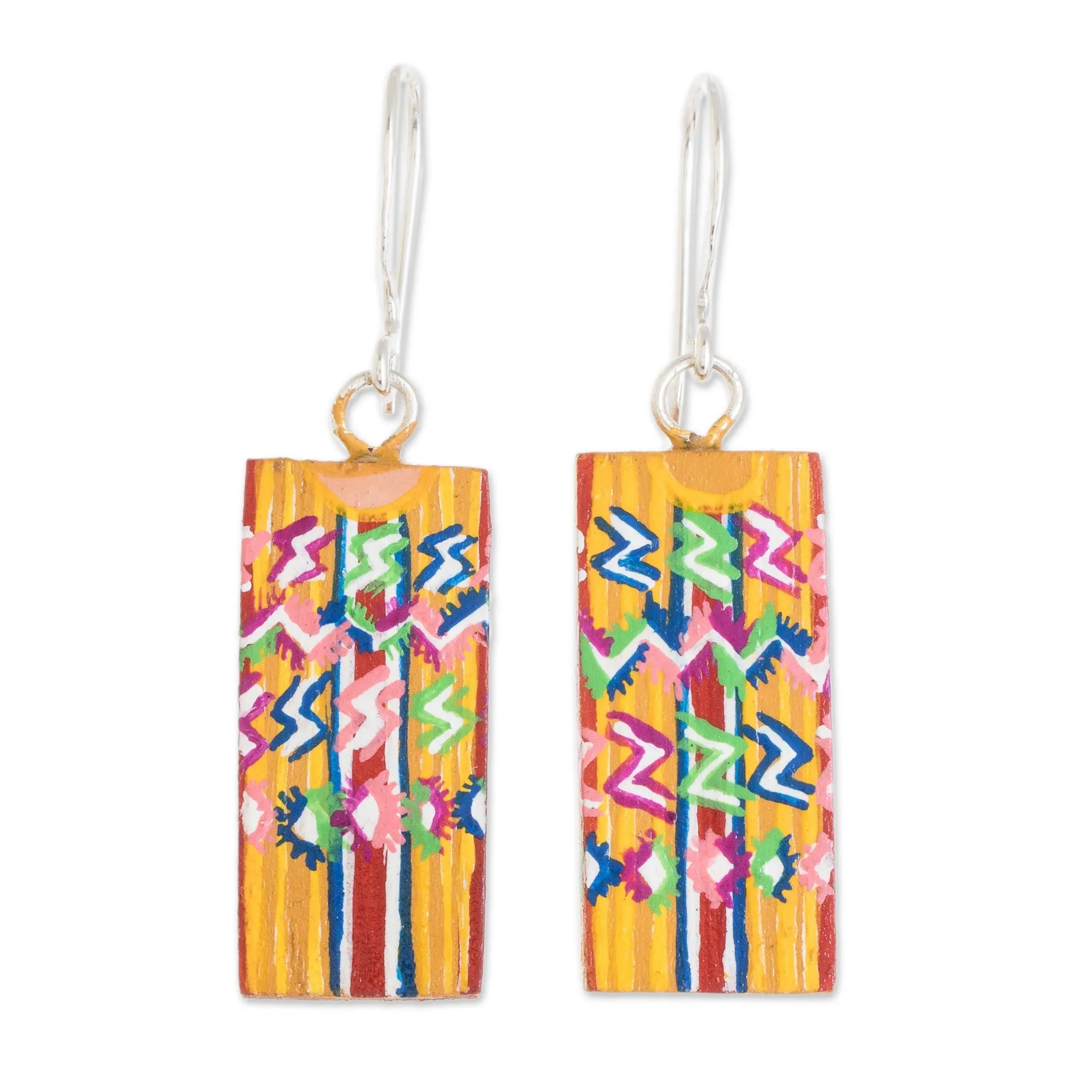 Huipil-Inspired Wood Dangle Earrings from Guatemala - Tecpan Marvels | NOVICA