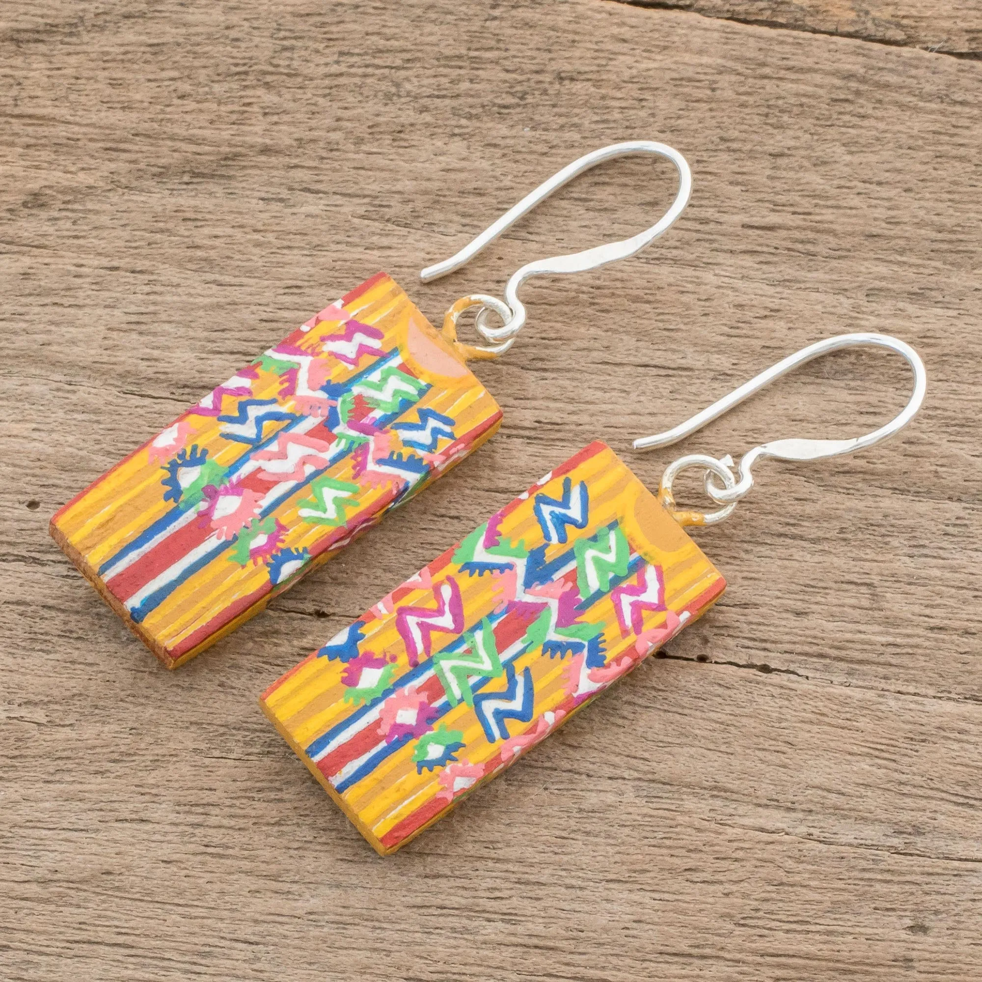 Huipil-Inspired Wood Dangle Earrings from Guatemala - Tecpan Marvels | NOVICA