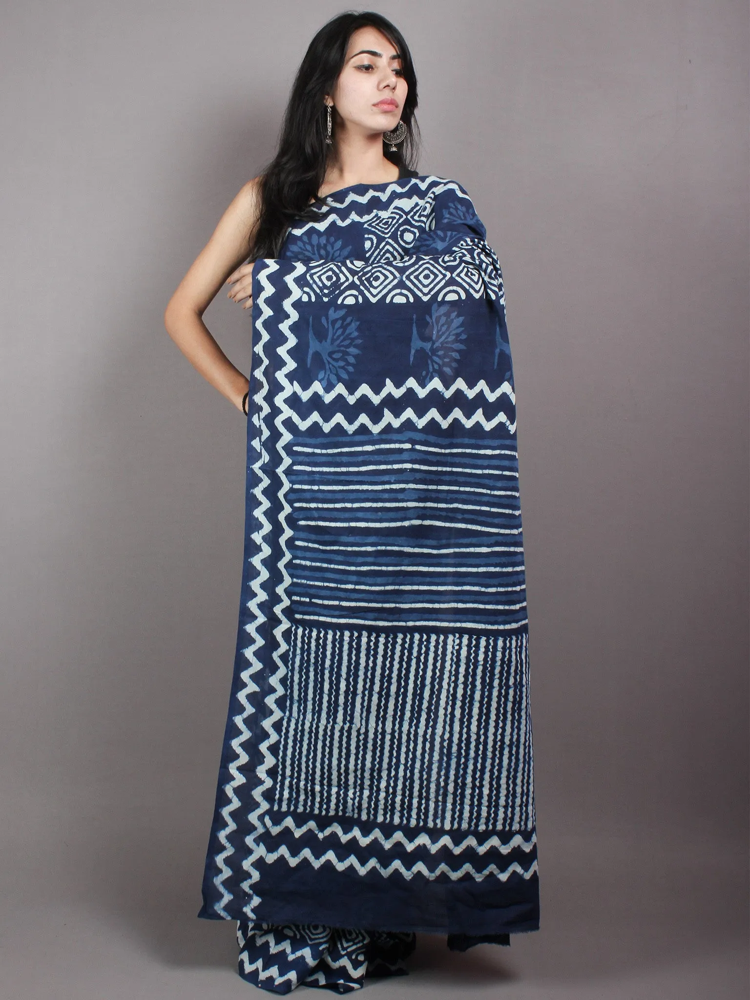 Indigo White Cotton Hand Block Printed & Painted Saree - S03170626