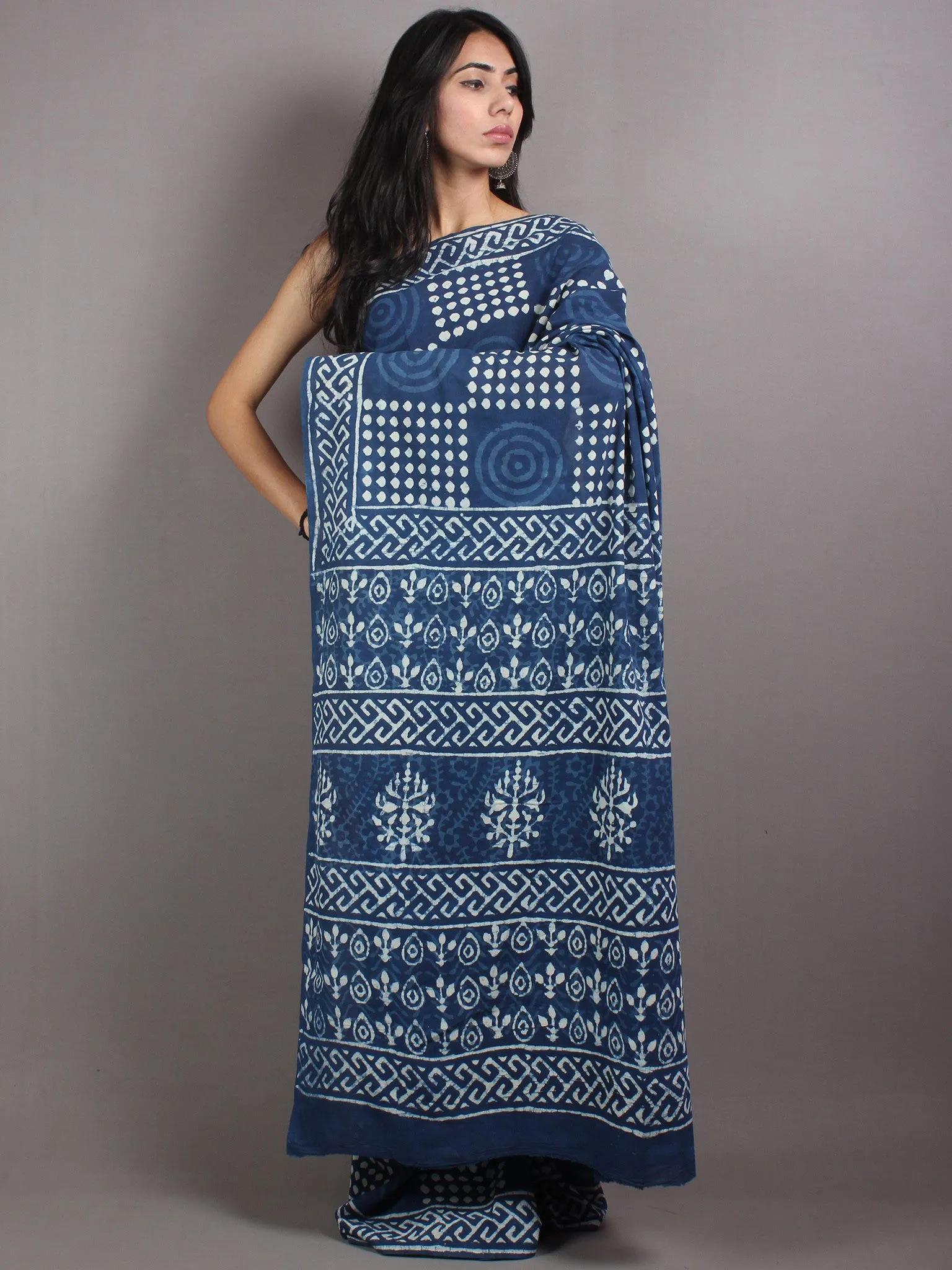 Indigo White Cotton Hand Block Printed & Painted Saree - S03170671