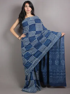 Indigo White Cotton Hand Block Printed & Painted Saree - S03170671